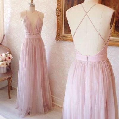 Simple A-line V-neck Long Pink Prom Dress with Criss Cross Back Prom Dresses