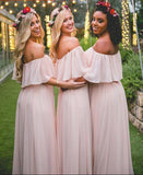 Simple Pink Off the Shoulder Pink Ruffles Long Bridesmaid Dresses