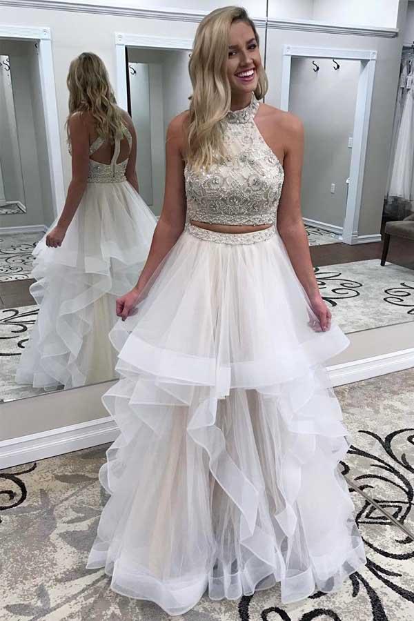 A line Ivory Beads Halter Ruffles Prom Dresses Long Open Back Party Dresses