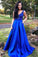 A Line Royal Blue Straps Satin Beads Prom Dresses with Pockets Long Formal Dresses
