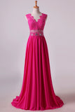 2022 New Arrival V Neck Tulle&Lace Back A Line Exquisite Chiffon Beading Prom PH8BCGKZ