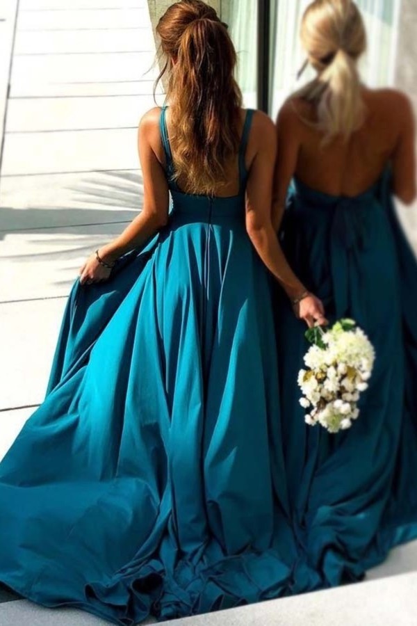 Simple Blue Long Backless Bridesmaid Dresses V Neck PH9KKT1A