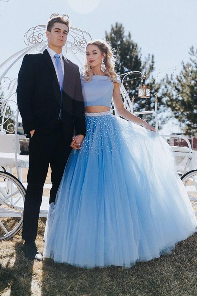Unique A Line Off the Shoulder Two Piece Blue Tulle Prom Dresses with Beading PW407