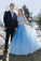 Unique A Line Off the Shoulder Two Piece Blue Tulle Prom Dresses with Beading