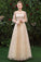 Princess A Line Long Sleeve Tulle Round Neck Evening Dress with Appliques, Prom Gowns STF15283