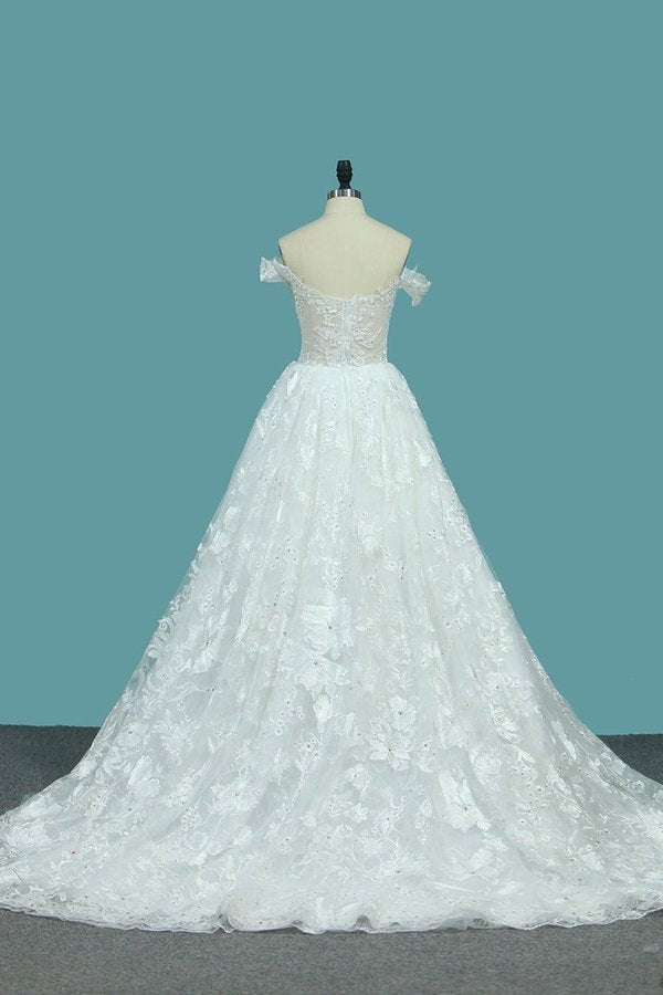 2022 Off The Shoulder A Line Lace Wedding Dresses With Applique PERQGRCL