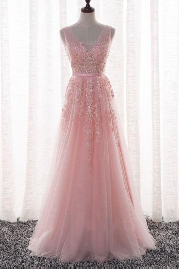 2022 New Arrival V Neck Tulle With Applique And Sash A Line P33L1JTP