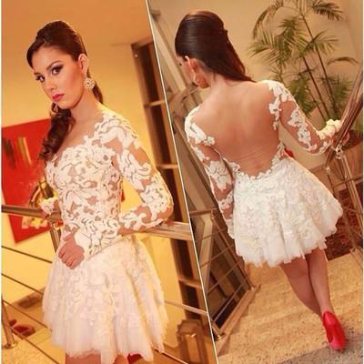 Sexy See Through Long Sleeve Lace Sexy White Appliques Homecoming Dresses