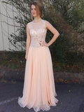 A-Line Peach Chiffon Sleeveless Pink Scoop Sweetheart Open Back Prom Dresses