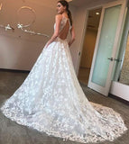 A Line Deep V Neck Lace Appliques Ball Gown Spaghetti Straps Wedding Dress with Pockets