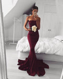 2019 New Sexy Mermaid Burgundy Long Strapless Sleeveless Floor Length Prom Dresses