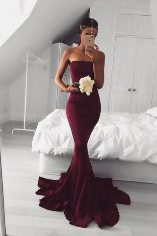 2019 New Sexy Mermaid Burgundy Long Strapless Sleeveless Floor Length Prom Dresses