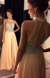 Champagne Chiffon Crystals Beaded Sleeveless A-line Open Back Halter Evening Dresses