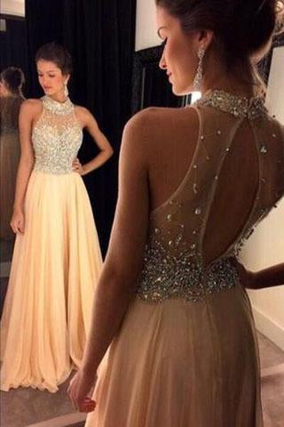 Champagne Chiffon Crystals Beaded Sleeveless A-line Open Back Halter Evening Dresses