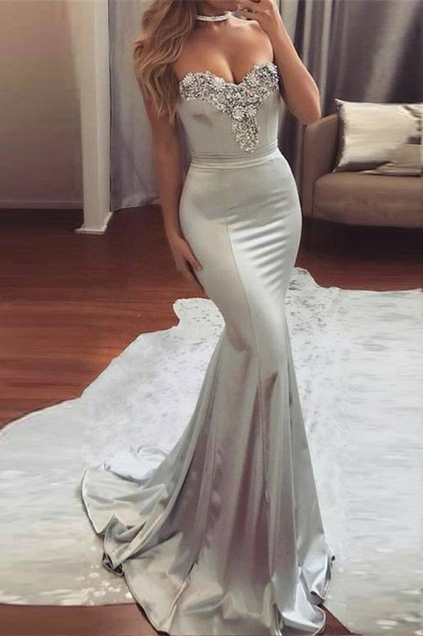 Silver Mermaid Sweep Train Sweetheart Strapless Mid Back Beading Prom Dresses