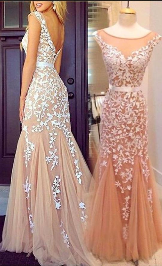Cap Sleeves Mermaid Round Neckline Appliques Tulle Backless Lace Prom Dresses