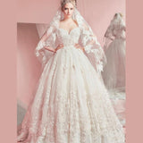 Sweetheart Ball Gown Sleeveless White Tulle Appliques Sweep Train Wedding Dresses