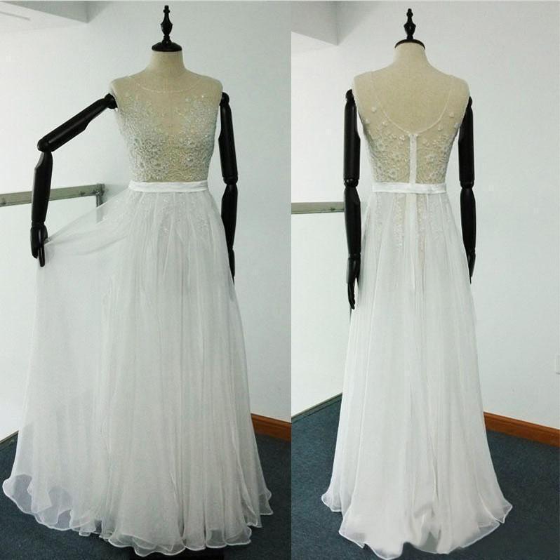 Sheer Beach Ivory Scoop A Line Beaded Embroidery Tulle Chiffon Wedding Dresses