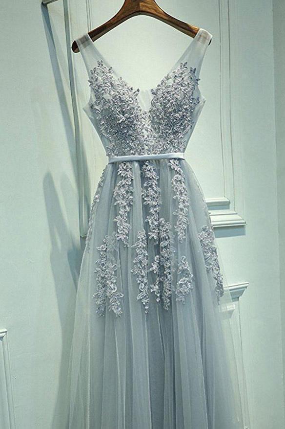 A-Line Grey Tulle with Lace Appliqued V-Neck Long Sleeveless Floor-Length Prom Dresses