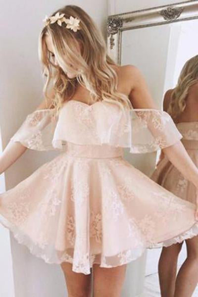A-Line Off-the-Shoulder Short Pearl Pink Lace Homecoming Dress