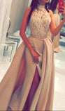 A line Lace Slit High Neck Sleeveless Floor-Length Long Prom Dresses