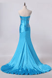 2022 Mermaid Strapless Elastic Satin With Beadings Prom Dresses Sweep/Brush PA48J1PT