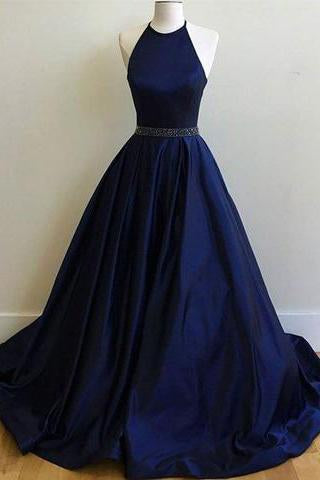 Charming Sexy Simple Halter Navy Blue Sleeveless Ball Gowns Prom Dresses