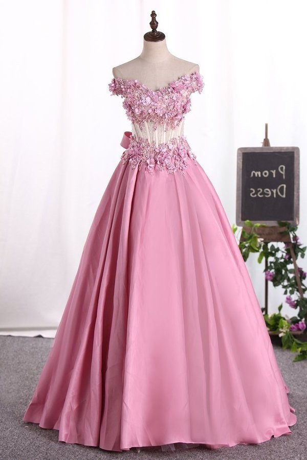 2022 New Arrival Prom Dresses Off The Shoulder Satin With Appliques And PDF75PRY