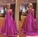 Cute A-line V Neck Satin Hot Pink Long Prom Dress with Ribbon Prom Dresses