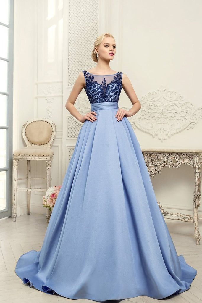 2022 Scoop Blue A-Line Appliques Satin Backless Sleeveless Quinceanera Dress Prom Dresses