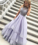 Charming A-Line High Neck Purple Beads Open Back Tulle Evening Dress Prom Dresses