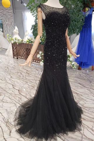 Mermaid Black Sequins Tulle Bodice Prom Dresses with Straps Long Evening Formal Dress