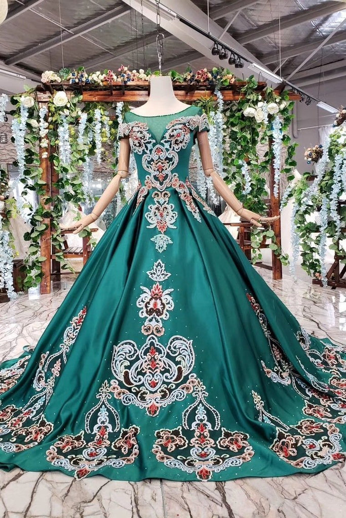 Simple Green Satin Short Sleeve Ball Gown Lace up with Applique Beads Prom Dresses