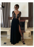 Sexy Black Long Sleeve Lace Slit V-Neck 2019 Prom Dress Evening Dresses