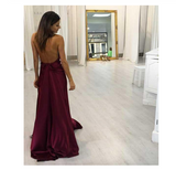 Sexy A-line Halter Burgundy V-Neck Backless Slit Sleeveless Long Evening Prom Dresses