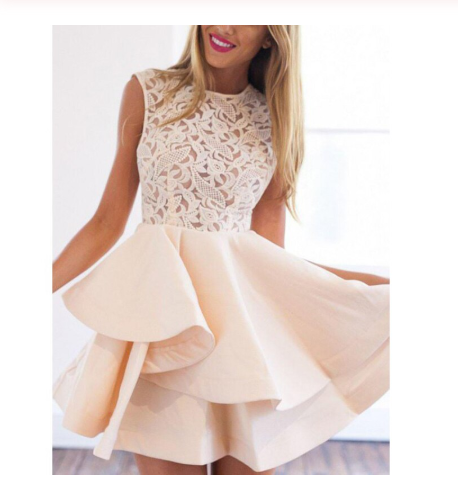 Beige Sheer Crochet Lace Panel Sleeveless Layered Skater Dress Cap Sleeve Prom Dresses