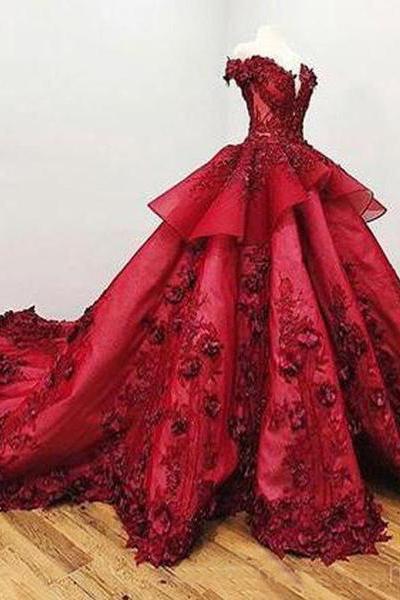 2019 Chic Ball Gown V Neck Beads Appliques Red Off-the-Shoulder Long Prom Dresses