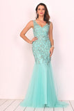 2022 New Arrival V Neck Tulle With Applique And Beads Mermaid P6NJ518B