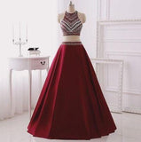 Two Piece Burgundy Glitter Halter Sleeveless Sparkly Prom Dresses For Teens