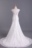2022 New A-Line Wedding Dresses Bateau Court Train Covered Button Tulle & Lace PQ2ZJ48C