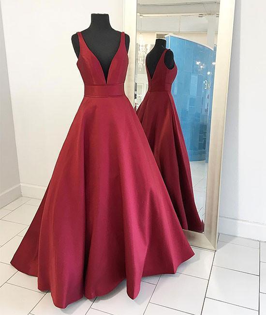 2019 Sexy Burgundy Red Long V Neck Red Evening Dress Simple