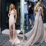 Celebrity Inspiration Style One Shoulder Lace Long Sheath Side Slit Prom Dresses