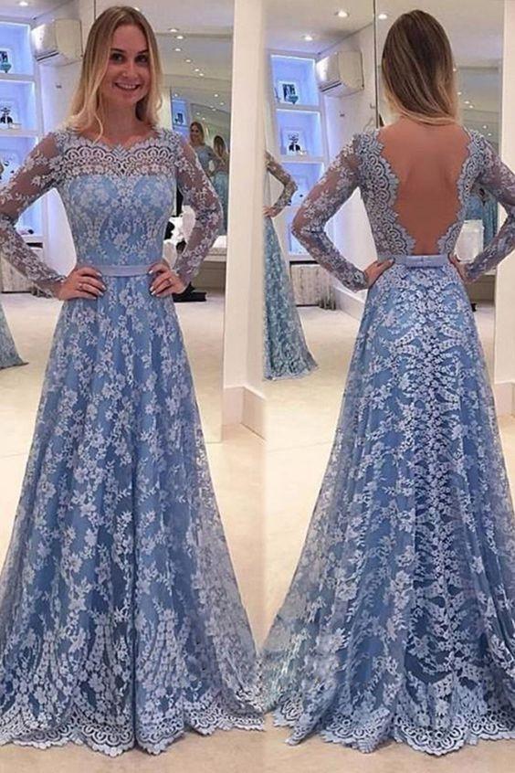 Blue Backless Lace Long Sleeves Jewel Bowknot Sweep Train Long Prom