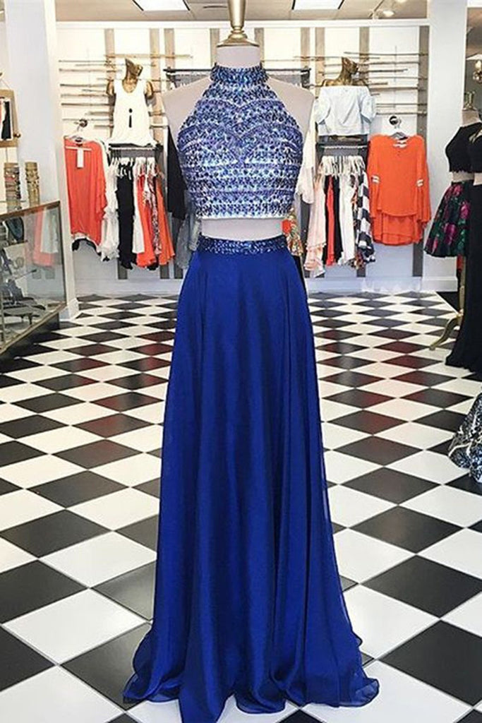 Navy blue chiffon A-line beaded long two pieces handmade prom dress sequins evening