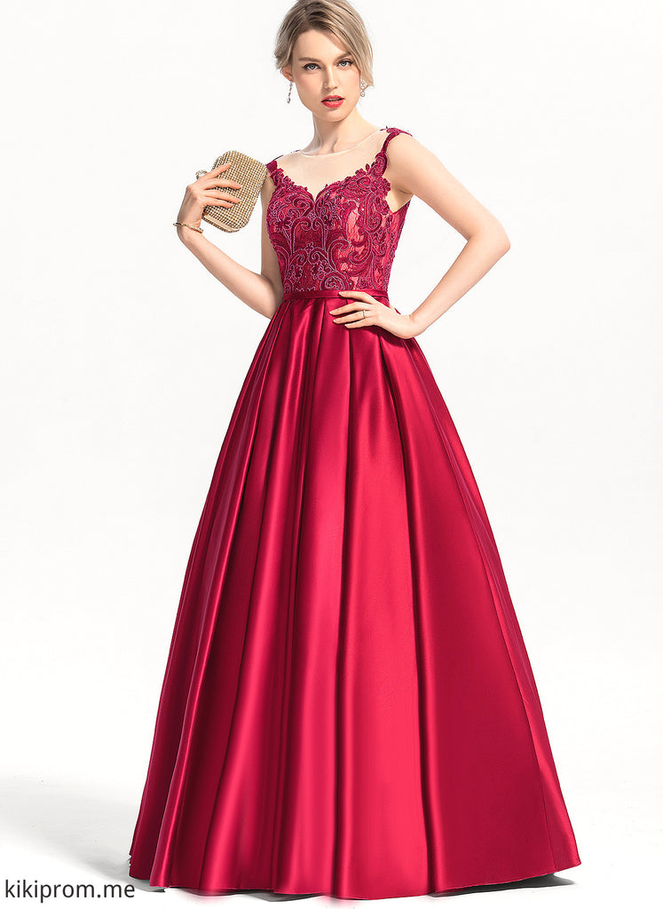Lace Satin Scoop Floor-Length Illusion Prom Dresses Ball-Gown/Princess With Joy Sequins