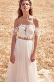 Unique A-Line Two Pieces Off-the-Shoulder Ivory Tulle Princess Lace Wedding Dresses