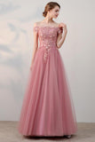 Chic A-Line Off-the-Shoulder Pink Appliques Lace-up Tulle Modest Long Prom Dresses