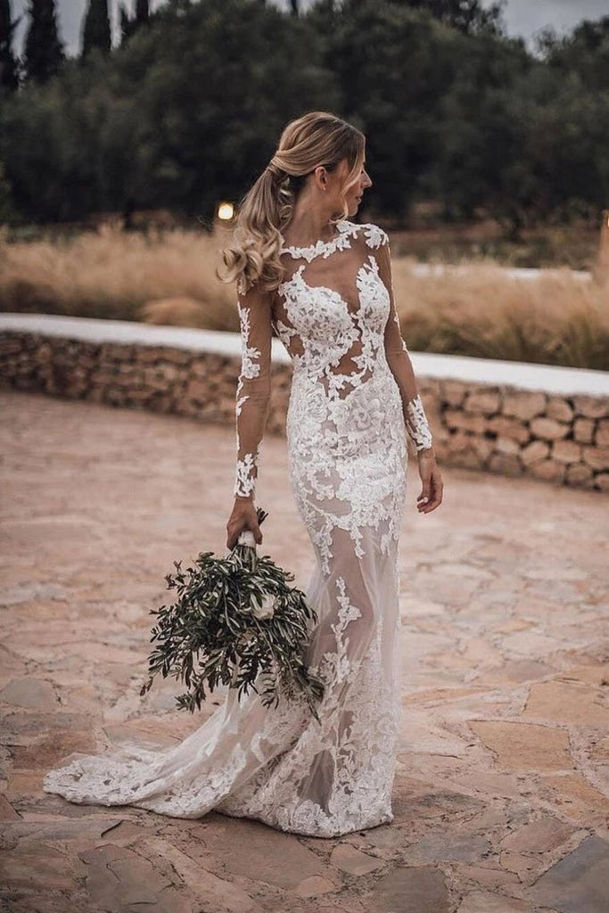 Mermaid Lace Appliques Long Sleeve See-Though Tulle Wedding Dresses Beach Wedding STFPBSR61G8