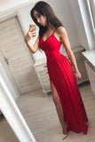 Simple Front Split Long A-Line Red Tight Cheap Prom Dresses PLD9XZ2N