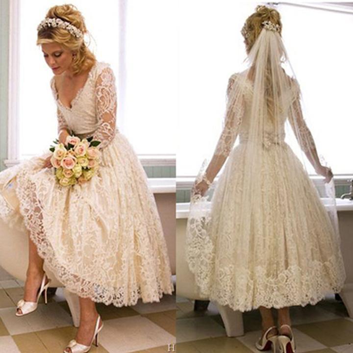 Vantage A Line V-Neck Long Sleeve Tea Length White Lace Princess Wedding Dresses